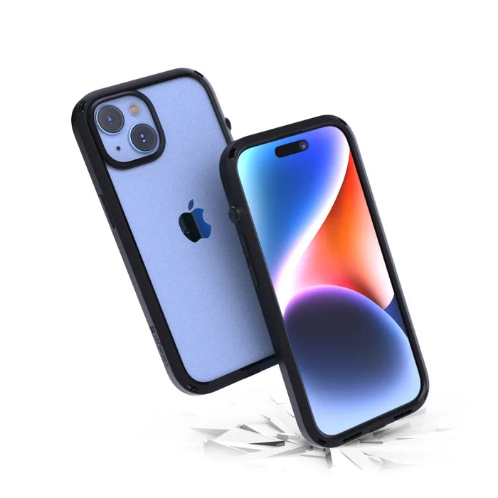Two iPhone 15s with Catalyst Case US Influence Cases in Midnight Black are shownÃƒÂ¢Ã¢â€šÂ¬Ã¢â‚¬Âone with a colorful screen, the other showing the blue back and Apple logo. Both appear to drop, highlighting MIL-STD 810G drop-proof protection.