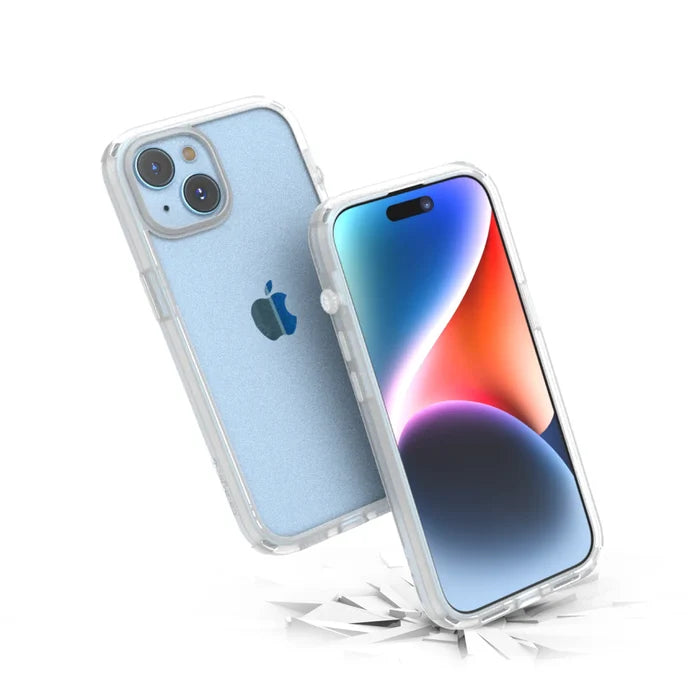 Two iPhone 15 devices in Catalyst Case US Influence Cases (Clear) are shownÃƒÂ¢Ã¢â€šÂ¬Ã¢â‚¬Âone with a vibrant screen, the other with the Apple logo and dual cameras. The front phone is pictured mid-drop, emphasizing MIL-STD 810G drop proof protection.