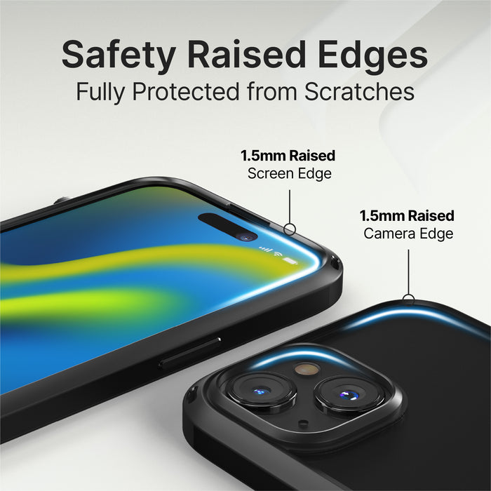 Catalyst iphone 15 series influence case iphone 15 pro in midnight black colorway showing the safety raised edges of the case text reads safety raised edges fully protected from scratches 1.5mm raised screen edge 1.5mm camera edge