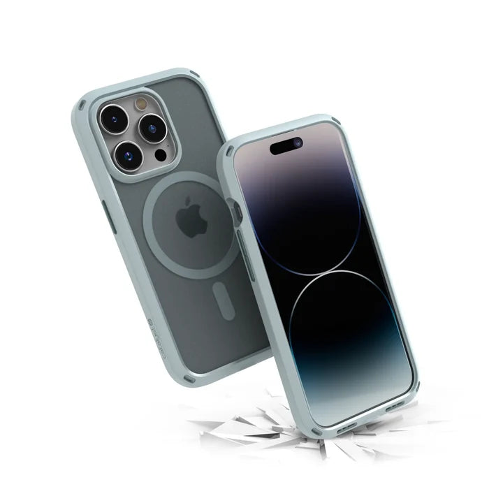Two iPhone 15 Pro devices in Catalyst Case US's Sage Green Influence Case (MagSafe compatible) are shownÃƒÂ¢Ã¢â€šÂ¬Ã¢â‚¬Âone facedown and one uprightÃƒÂ¢Ã¢â€šÂ¬Ã¢â‚¬Âappearing to bounce off a cracked surface, showcasing their MIL-STD 810G drop-proof protection.