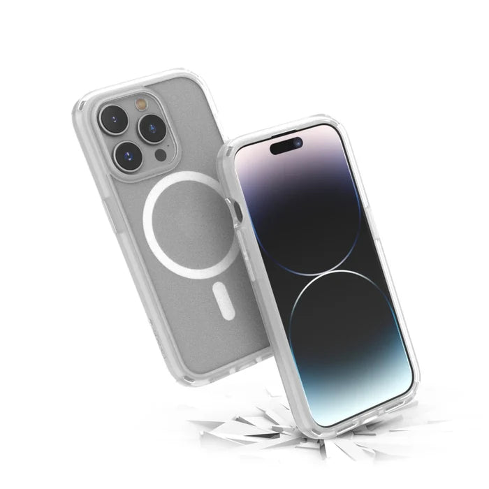 Two iPhone 15 Pro devices with Catalyst Case US Influence Case in Clear are shown; one upright displaying the screen, the other shows its MagSafe-compatible back. The right phone lands on a shattered surface, emphasizing Drop Proof protection.