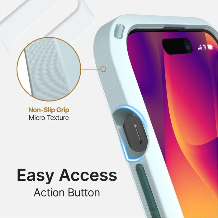 A close-up of the Catalyst Case US Influence Case for iPhone 15 Pro shows its textured, non-slip grip near the side button. A circular inset reveals micro texture detail. Text reads: "Non-Slip Grip Micro Texture" and "Easy Access Action Button." MagSafe compatible.