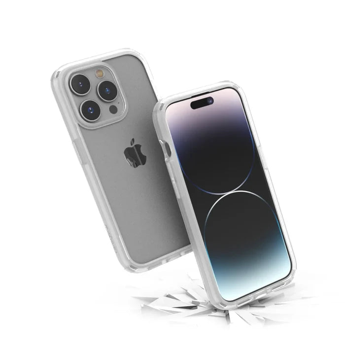 Two iPhone 15 Pro devices in Catalyst Case US Influence Cases (Clear) are shownÃƒÂ¢Ã¢â€šÂ¬Ã¢â‚¬Âone upright displaying its screen, the other highlighting three cameras and the Apple logo while resting on a cracked surface to showcase drop proof and wireless charging features.