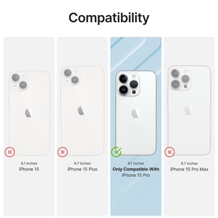 Check that your device is compatible with this case which works with iPhone 15 Pro, NOT iPhone 15, iPhone 15 Plus or iPhone 15 Pro Max.
