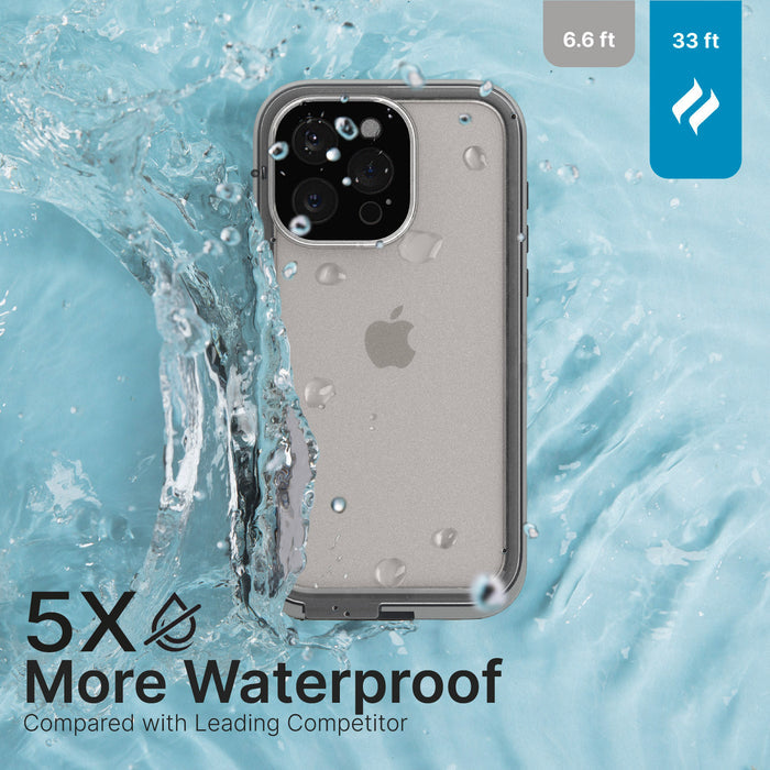 Catalyst iPhone 15 Pro waterproof case total protection 15 pro showing the back view of the case on the water in titanium gray text reads 5x more waterproof compared with leading competitor