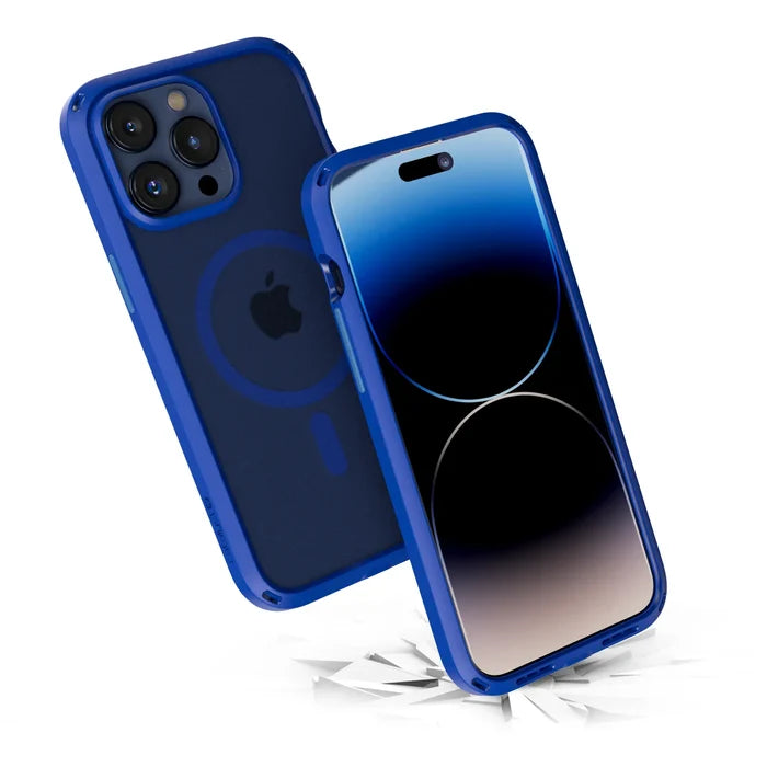 The Catalyst Case US iPhone 15 Pro Max Influence Case in Atlantic Blue, MagSafe compatible, is shownÃƒÂ¢Ã¢â€šÂ¬Ã¢â‚¬Âone with a dark gradient screen, the other highlighting camera lensesÃƒÂ¢Ã¢â€šÂ¬Ã¢â‚¬Âboth hovering above a shattered white surface to emphasize Drop Proof MIL-STD 810G protection.