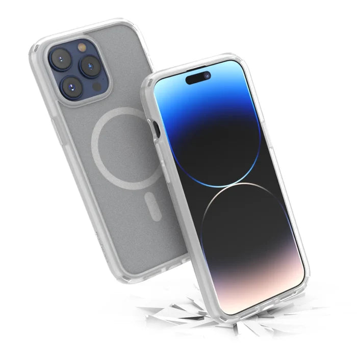 Two iPhone 15 Pro Max devices in Catalyst Case US Influence Cases (Clear) are shownÃƒÂ¢Ã¢â€šÂ¬Ã¢â‚¬Âone upright with a blue-black screen, the other on shattered glass to highlight Drop Proof durability and MagSafe compatibility.
