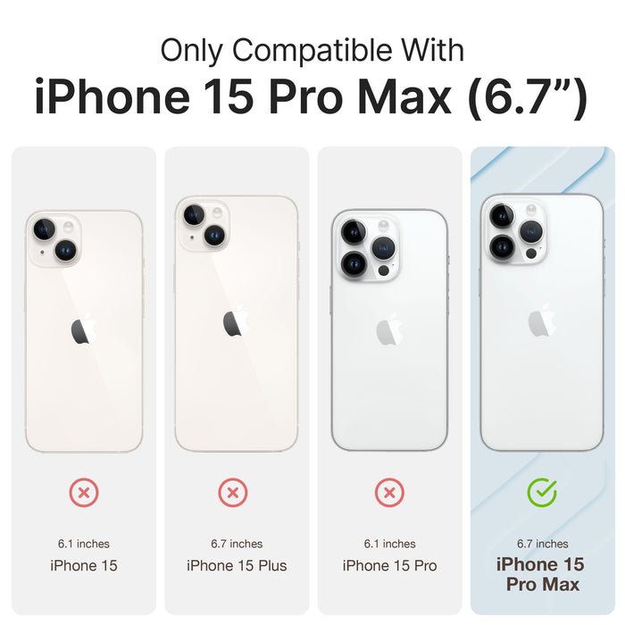 Catalyst iphone 15 series influence case iphone 15 pro max in midnight black colorway showing the case sizes compatibility text reads only compatible with iphone 15 6.1 6 inches iphone 15 6.7 inches iphone 15 plus 6 inches iphone 15 pro 6.7 inches iphone 15 pro max