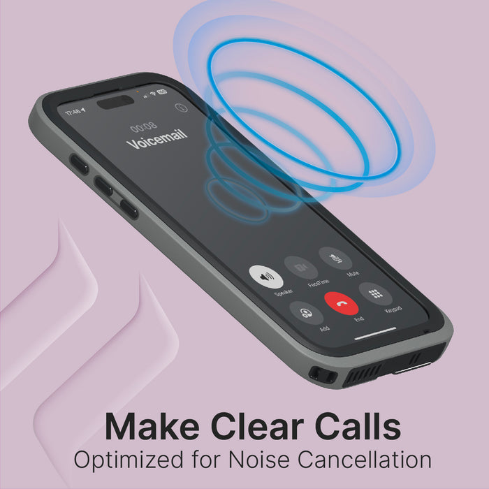 Catalyst iPhone 15 Pro Max waterproof case showing the case noise cancellation text reads make clear calls optimized for noise cancellation