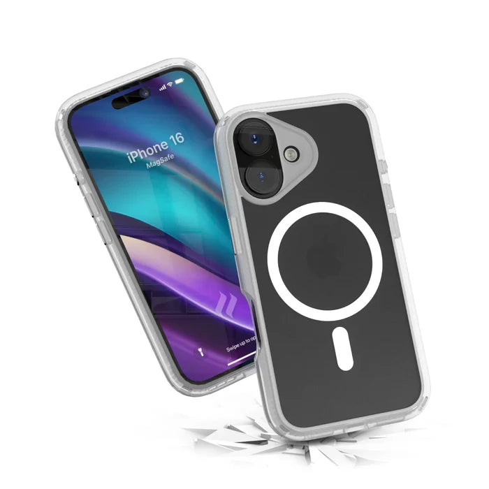 Two iPhone 16 devices in Catalyst Case US Influence Cases (MagSafe compatible) are shownÃƒÂ¢Ã¢â€šÂ¬Ã¢â‚¬Âone displays the home screen, the other reveals the MagSafe ring. Both hover over a cracked surface, highlighting the cases' protective power.