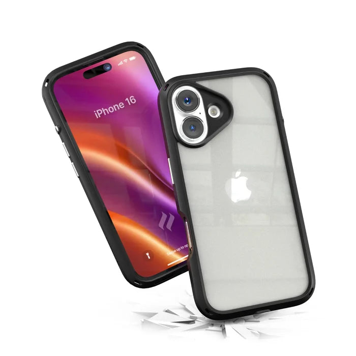 Two iPhone 16 smartphones in Catalyst Case US Influence cases one shows a vivid screen with "iPhone 16," the other reveals the frosted back. Both seem to fall onto glass shards, showcasing drop-proof MIL-STD 810G and wireless charging compatibility.
