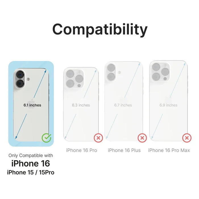 Image displays four iPhones with diagonals; only the iPhone 16 (6.1") is highlighted as compatible with Catalyst Case US Tempered Glass Screen Protector for iPhone 16/15 Pro/15, offering scratch resistance. Others are grayed out with red Xs.