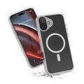 Two Catalyst Case US iPhone 16 Plus phones in Clear Influence MagSafe Compatible cases are shownÃƒÂ¢Ã¢â€šÂ¬Ã¢â‚¬Âone displays the lock screen, the other shows the back with MagSafe and Apple logo. The front phone appears to have bounced, with small shards underneath.