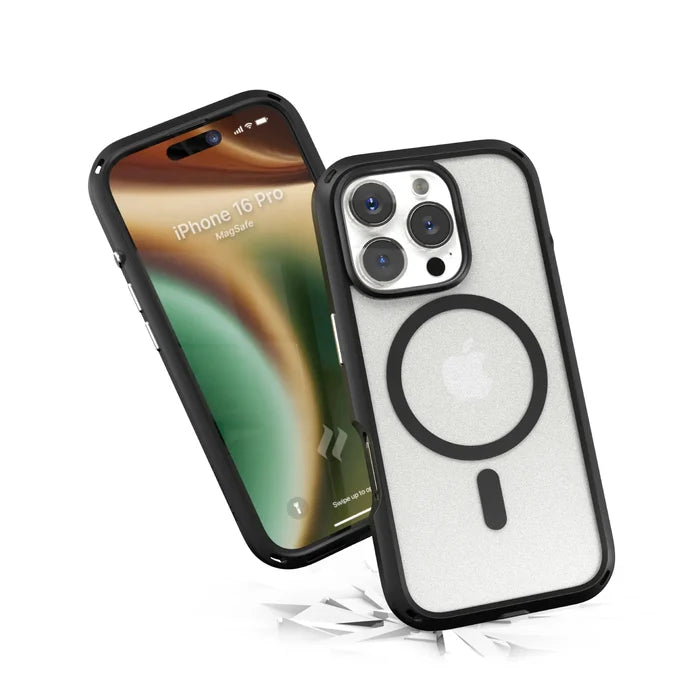 Two iPhone 16 Pro devices with Catalyst Case US Influence Cases (MagSafe compatible) are shownÃƒÂ¢Ã¢â€šÂ¬Ã¢â‚¬Âone displays the home screen, the other reveals triple cameras, Apple logo, and MagSafe ring. Broken glass below highlights drop protection.