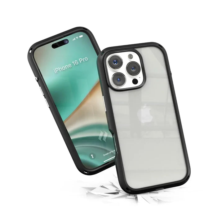 Two iPhone 16 Pro devices in Catalyst Case US Influence CasesÃƒÂ¢Ã¢â€šÂ¬Ã¢â‚¬Âdrop proof and MIL-STD 810G compliant. One displays a gradient wallpaper, the other shows triple cameras. Both sit on shattered white, emphasizing durability and style.