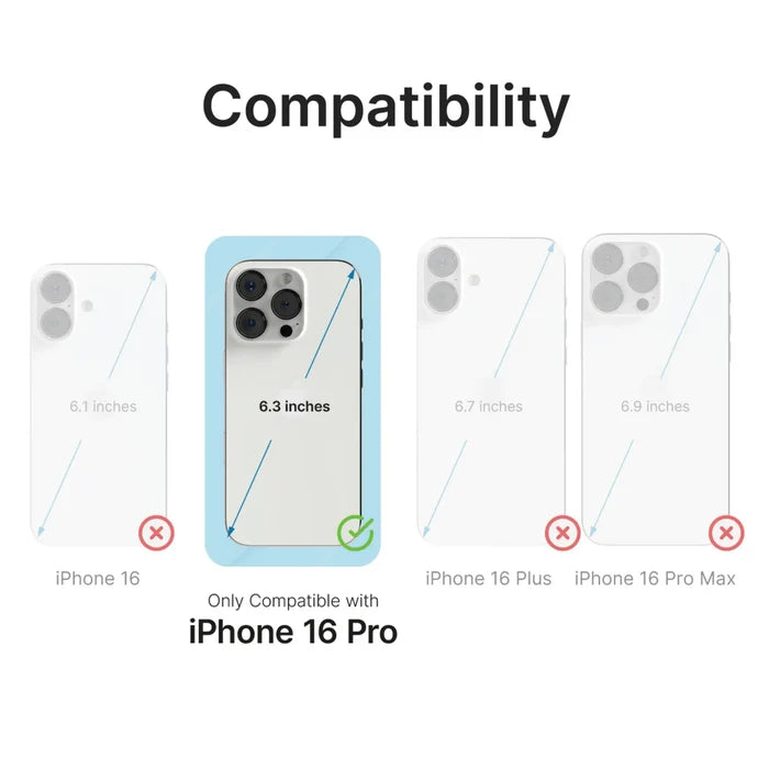 Comparison chart highlights only iPhone 16 Pro as compatible—ideal for users needing a Catalyst Case US iPhone 16 Pro Tempered Glass Screen Protector.