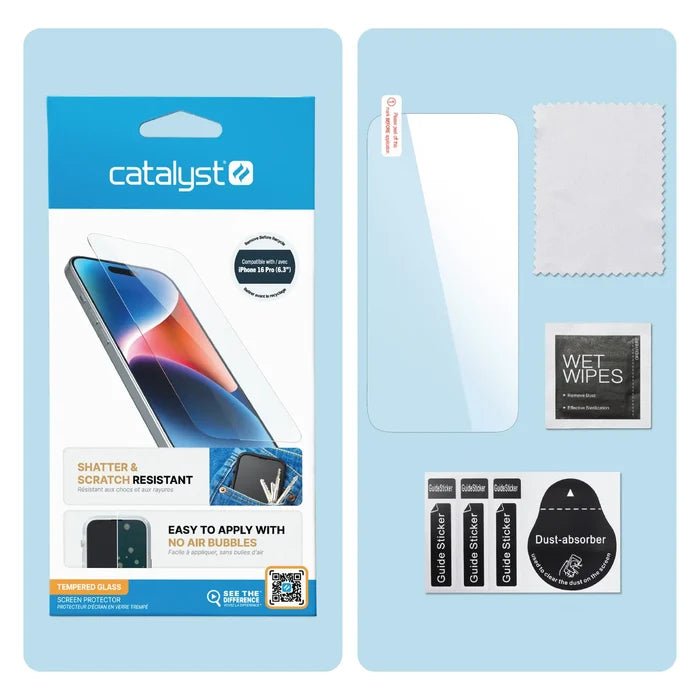 The Catalyst Case US iPhone 16 Pro Tempered Glass Screen Protector kit includes the protector, clear glass sheet, microfiber cloth, wet wipes packet, dust-absorber sticker, and three guide stickers—perfect for protecting your device.