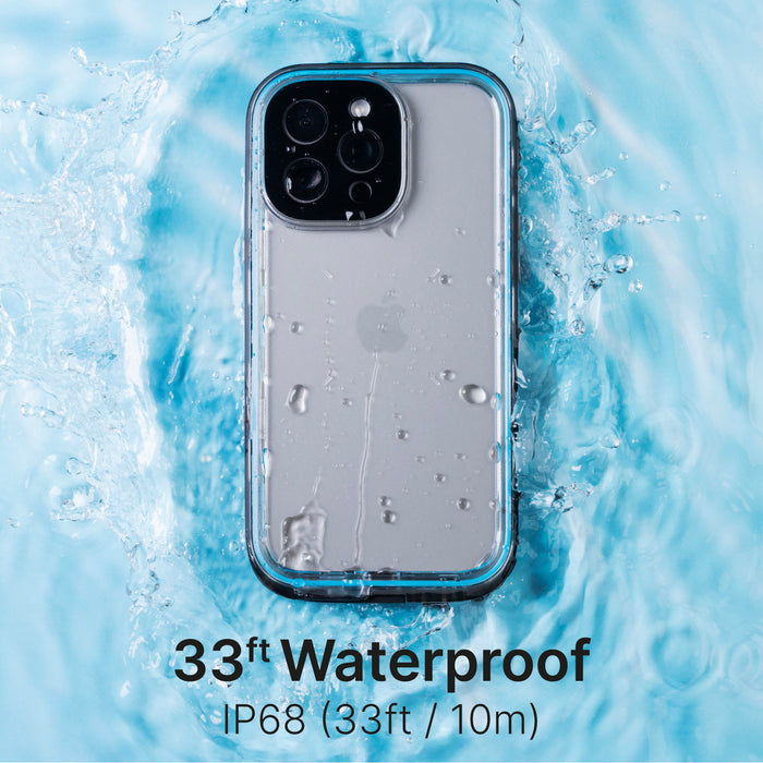 The Catalyst Waterproof Case for iPhone 16 Pro, in black, is shown submerged in water with text highlighting its IP68 protectionÃƒÂ¢Ã¢â€šÂ¬Ã¢â‚¬Âwaterproof up to 33ft/10m.