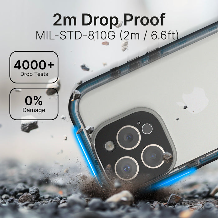 Close-up of a black Catalyst iPhone 16 Pro - Waterproof Case, shielding against flying debris. Text highlights drop-proof feature up to 2 meters, MIL-STD-810G standard, over 4000 drop tests, and 0% damageÃƒÂ¢Ã¢â€šÂ¬Ã¢â‚¬Âensuring total protection and shock proofing.