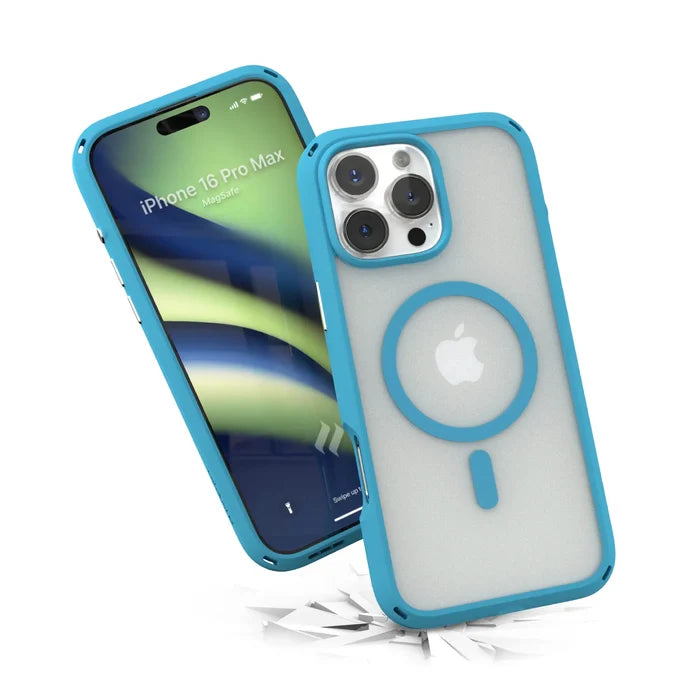 Two iPhone 16 Pro Max phones in blue-trimmed Catalyst Case US Influence Cases (MagSafe compatible) are shown falling, one displaying a green-blue abstract wallpaper and the other revealing the back with MagSafe ring and Apple logo amid shards.