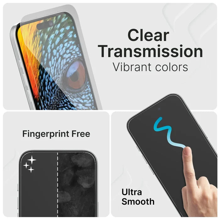 A collage displays a smartphone with Catalyst Case US Tempered Glass Screen Protector. Top: vivid lizard, "Clear Transmission Vibrant colors." Bottom left: half smudged, "Fingerprint Free." Bottom right: finger on "Ultra Smooth" screen.