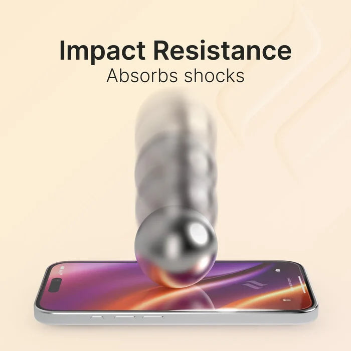 A metallic ball in multiple blurred positions falls onto a Catalyst Case US Tempered Glass Screen Protector, illustrating impact resistance with the text “Impact Resistance Absorbs shocks.” The phone lies flat to show screen durability.