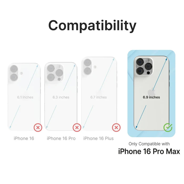 A compatibility chart indicates that the Catalyst Case US iPhone 16 Pro Max Tempered Glass Screen Protector fits only the iPhone 16 Pro Max; all other models are shown with a red X for incompatibility.