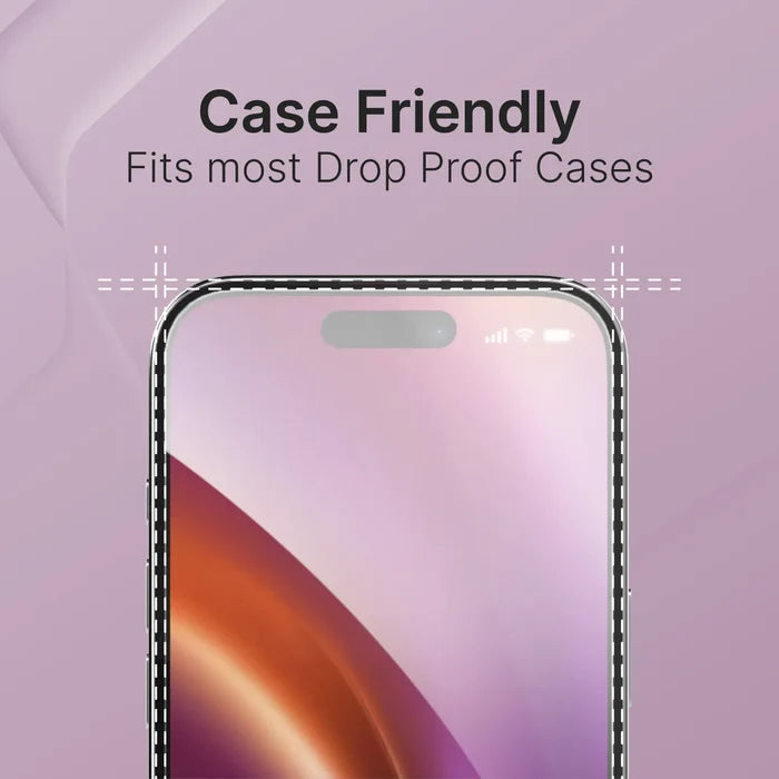 The Catalyst Case US Tempered Glass Screen Protector is shown on a phone with vibrant wallpaper and signal icons, over a purple background. Dashed lines highlight the screen. “Case Friendly – Fits most Drop Proof Cases” appears above.