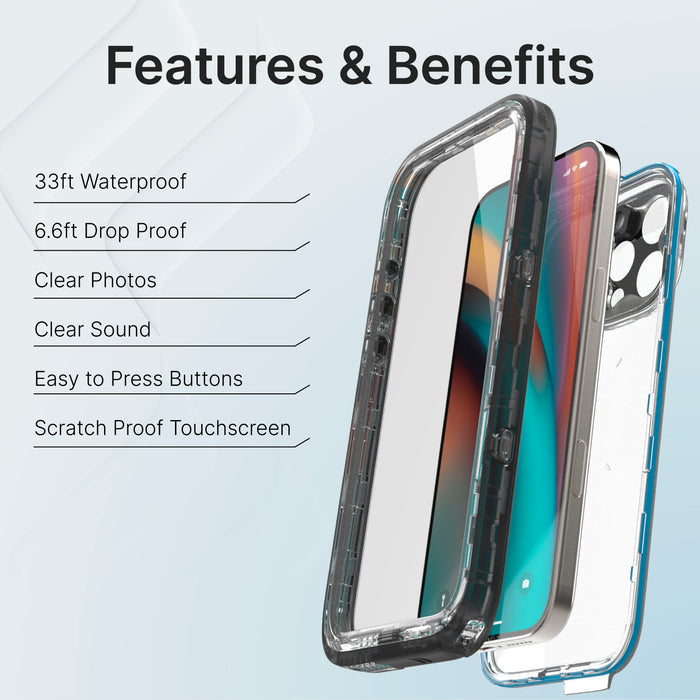 The Catalyst iPhone 16 Pro Max Waterproof Case in Black offers a sleek design with 33ft waterproof capability for stunning underwater shots, 6.6ft drop proof durability, pristine photo clarity, crystal-clear sound, easy button access, and a scratch-proof touchscreen.