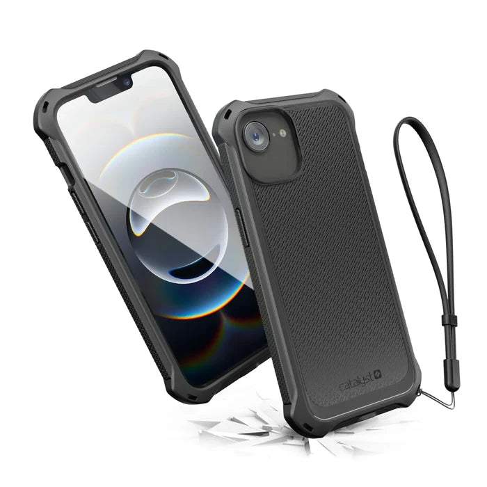 Two rugged Catalyst Case US Crux Cases for iPhone 16e/14/13 are shownÃƒÂ¢Ã¢â€šÂ¬Ã¢â‚¬Âone displays the screen, the other its textured back. A black wrist strap is attached, and cracks beneath highlight MagSafe compatibility and strong impact protection.