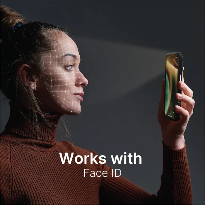 A woman in a brown turtleneck holds an iPhone, its screen light illuminating her face as a digital grid shows facial recognition. Text reads, "Works with Face ID." She is using the Catalyst Case US Tempered Glass Screen Protector for iPhone 16e/14/13.