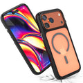 Two iPhone 18/17 Pro Max phones in orange Catalyst Case US Influence Cases (MagSafe Compatible) are shown—one displays a colorful abstract wallpaper; the other shows the back with triple cameras and MagSafe symbol on a white surface.
