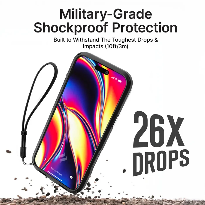A smartphone in a Catalyst Case US Influence Case for iPhone 18/17 Pro Max (MagSafe Compatible) is shown falling onto gravel. Text reads: “Withstands 26 Drops & 10ft/3m Impacts—Built for Tough Protection.”.