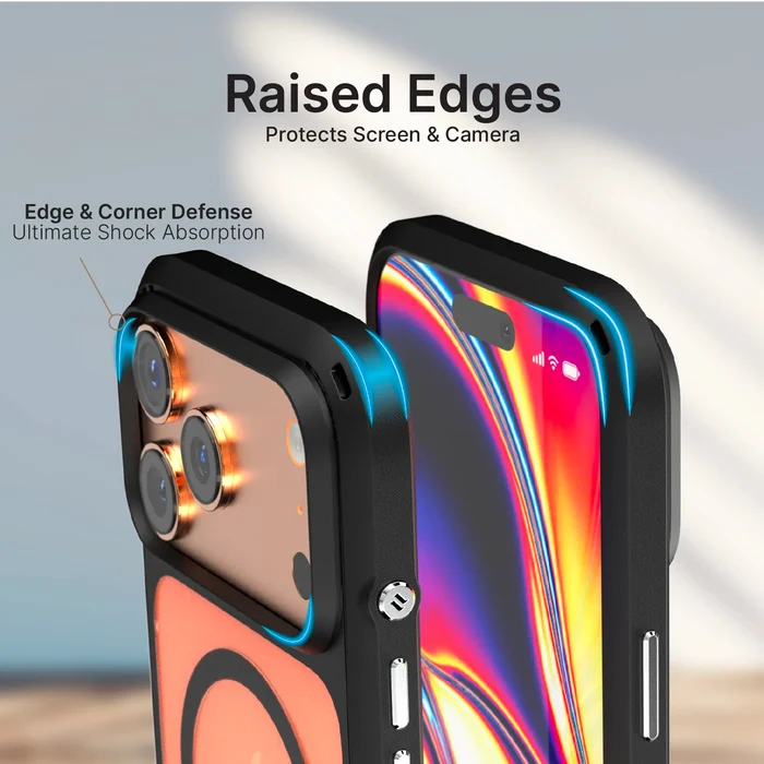 Two iPhone 18/17 Pro Max Influence Cases by Catalyst Case US are shown in black, with blue highlights around reinforced, raised edges for military-grade drop protection. Text notes the raised edges shield the screen and camera, ensuring reliable shock absorption. MagSafe compatible.