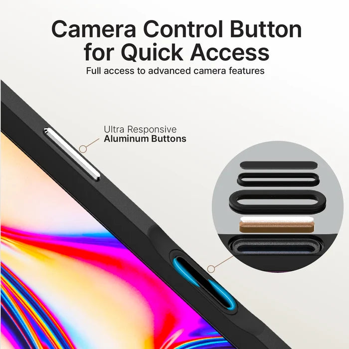 Close-up of the Catalyst Case US Influence Case for iPhone 18/17 Pro Max (MagSafe Compatible) shows an ultra responsive aluminum camera button. Inset compares button types; a colorful edge and quick camera access are visible.