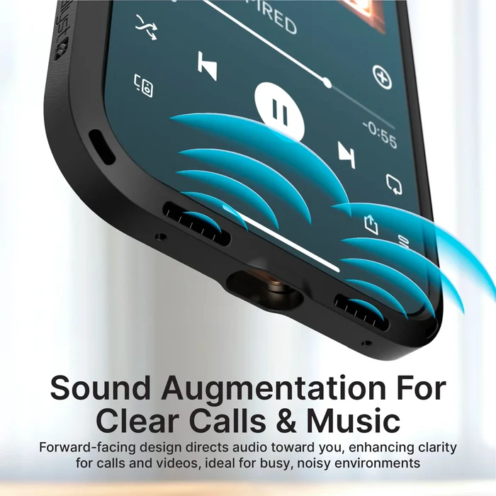 Close-up view of Catalyst Case US Influence Case for iPhone 18/17 Pro Max (MagSafe Compatible) highlights sound waves from speakers and music controls, emphasizing audio clarity and military-grade drop protection. Text: "Sound Augmentation For Clear Calls & Music.