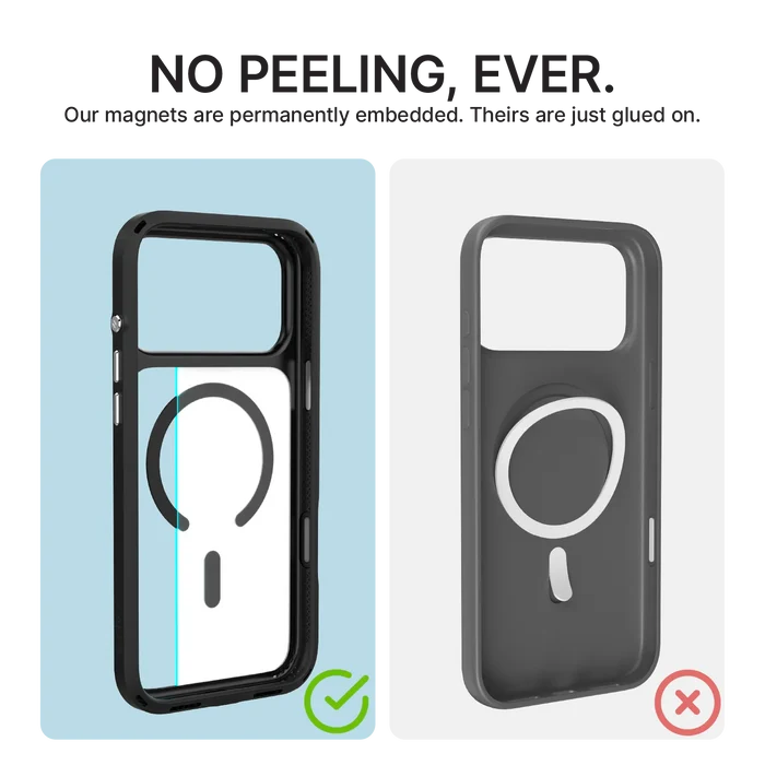 Compare Catalyst Case US iPhone 18/17 Pro Max Influence Case—MagSafe compatible with embedded magnets and military-grade drop protection—to others with glued-on rings that peel. Ours never peels; their magnets can come off.