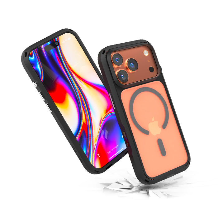 A close-up of an iPhone 18/17 Pro in the Catalyst Case US Influence Case, Stealth Black, MagSafe compatible with military-grade drop protection.