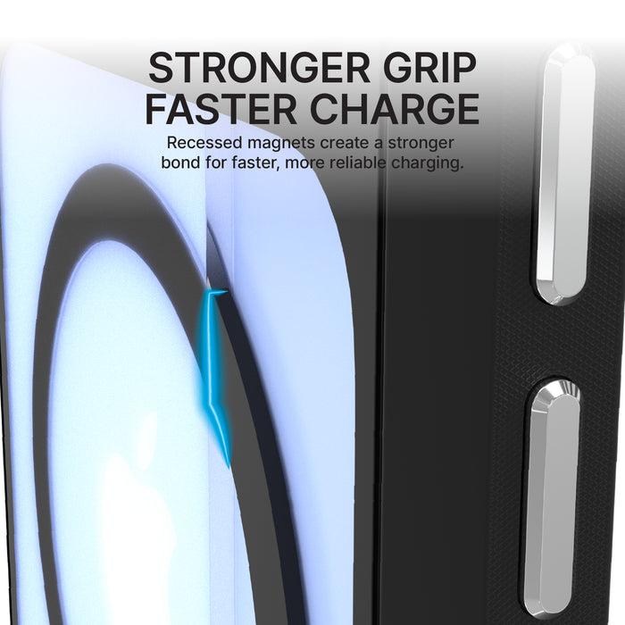 Close-up of Catalyst Case US Influence Case for iPhone 18/17 Pro Max (MagSafe Compatible) shows magnets aligning with a charging pad. Text: "STRONGER GRIP FASTER CHARGE." Get faster charging and military-grade protection in one design.