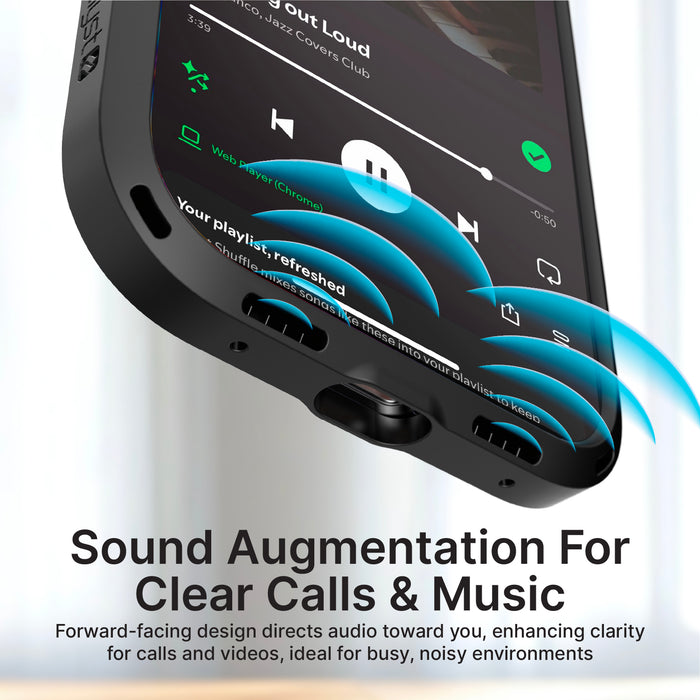 Close-up of Catalyst Case US Influence Case for iPhone 18/17 Pro (MagSafe Compatible) in black. Blue sound waves emphasize “Sound Augmentation For Clear Calls & Music.” Features forward-facing design, military-grade drop protection.