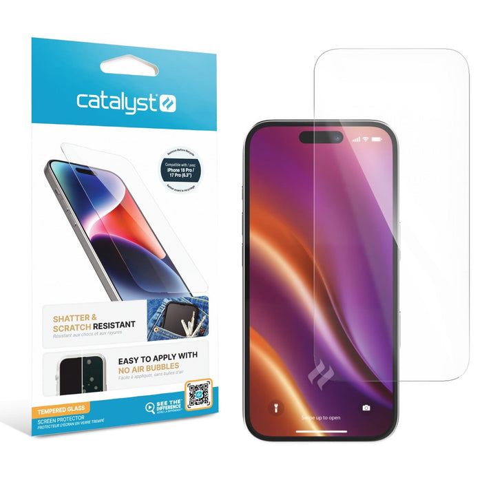 Catalyst tempered glass screen protector for iPhone 18/17 Pro in its retail pack beside the phone