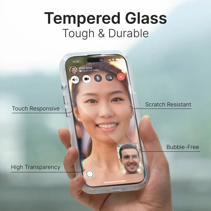 A hand holds a smartphone on a video call, showcasing Catalyst Case US Tempered Glass Screen Protector’s features: touch responsive, scratch resistant, bubble-free, and high transparency.