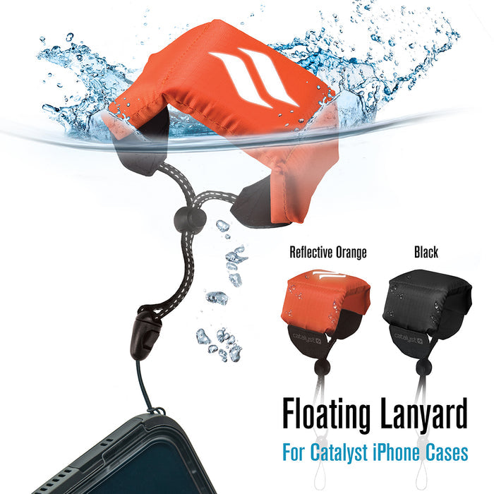 A Catalyst Case US floating lanyard in reflective orange is shown half-submerged, demonstrating buoyancy. Both orange and black options are displayed beside the iPhone 6s - Waterproof Case. Text: ÃƒÂ¢Ã¢â€šÂ¬Ã…â€œFloating Lanyard For Catalyst iPhone Cases.ÃƒÂ¢Ã¢â€šÂ¬Ã‚Â.