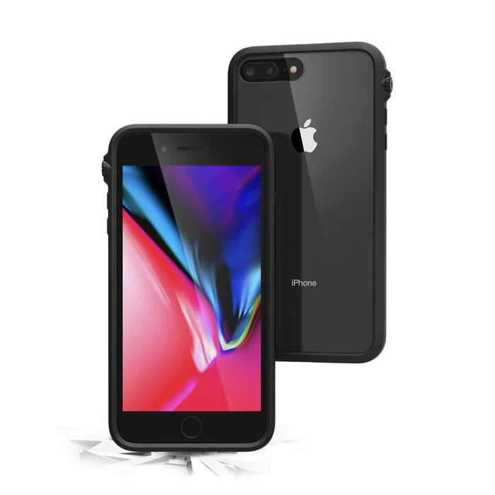 Two black iPhone 8 Plus/7 Plus phones with Catalyst Case US Impact Protection Cases are shownÃƒÂ¢Ã¢â€šÂ¬Ã¢â‚¬Âone displays a vivid abstract wallpaper, while the other shows the glossy back and dual cameras on a cracked white surface, highlighting their drop proof design.