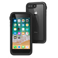 Two Catalyst Case US iPhone 8 Plus/7 Plus Waterproof Cases in Stealth Black are shown: one displays the front screen, the other shows the back and dual camera cutout. Both feature clear covers, reinforced corners, and drop-proof protection.