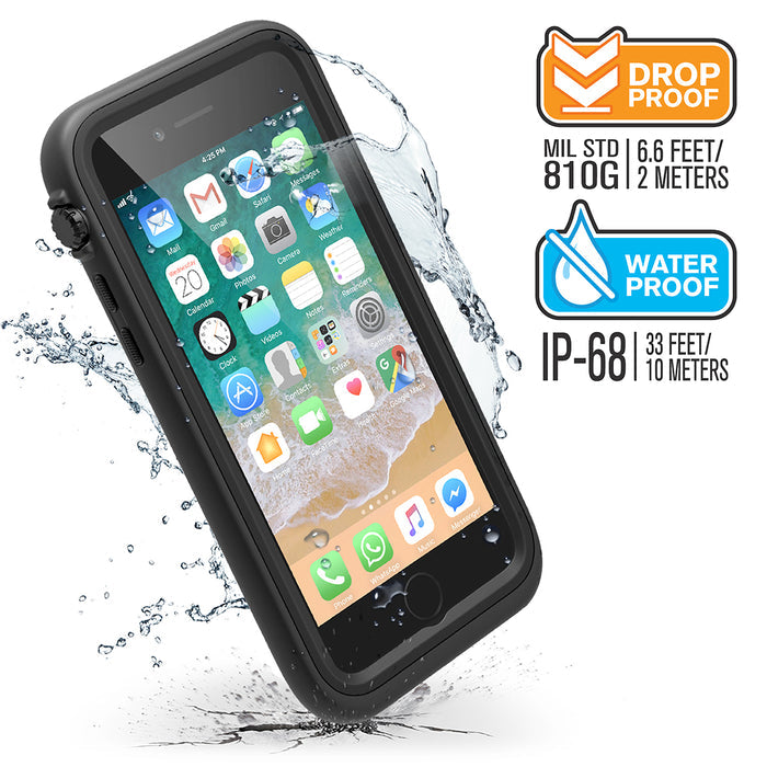 A Catalyst Case US iPhone 8 Plus/7 Plus Waterproof Case in black is splashed with water, showing off its drop proof (MIL STD 810G, 6.6ft/2m) and waterproof (IP-68, 33ft/10m) features. The screen displays standard app icons.