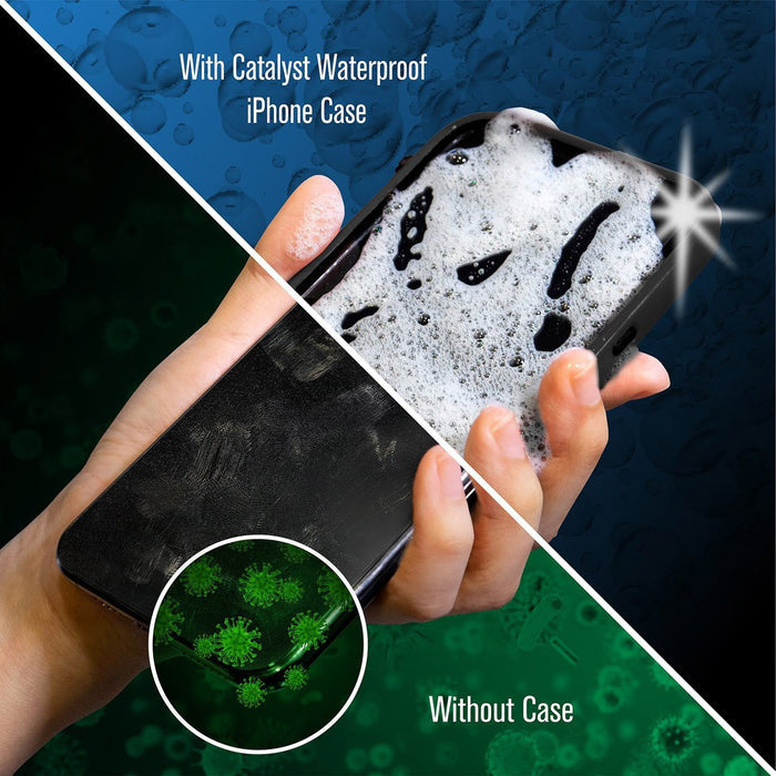 A hand holds an iPhone. The left, labeled "With Catalyst Case US Waterproof Case for iPhone 8 Plus/7 Plus," shows the phone in soap suds; the right, "Without Case," reveals germs. Blue and green backgrounds highlight the difference.