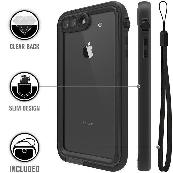 The Catalyst Case US iPhone 8 Plus/7 Plus Waterproof Case is shown from the back and side, featuring a clear back that reveals the Apple logo, slim design, black wrist strap, and icons highlighting its drop-proof features.