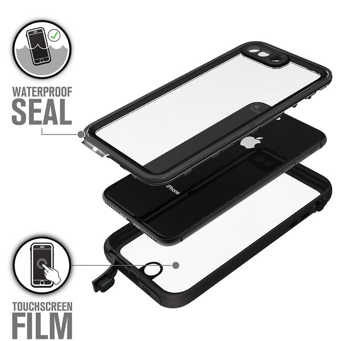 Exploded view of Catalyst Case US iPhone 8 Plus/7 Plus Waterproof Case shows three layersÃƒÂ¢Ã¢â€šÂ¬Ã¢â‚¬Âtransparent front, iPhone, and transparent back. Labels highlight the waterproof seal and touchscreen film for drop-proof protection.