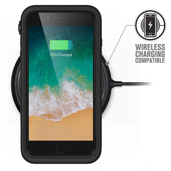 An iPhone 8 Plus in a Catalyst Case US Waterproof Case (black) sits on a circular wireless charging pad, showing a beach wallpaper and 75% battery. A phone and lightning bolt icon indicates ÃƒÂ¢Ã¢â€šÂ¬Ã…â€œWireless Charging Compatible.ÃƒÂ¢Ã¢â€šÂ¬Ã‚Â.